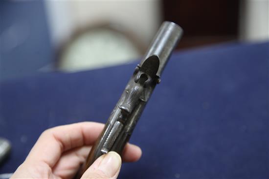 A pair of early 19th century boxlock percussion cap pistols, 6in.